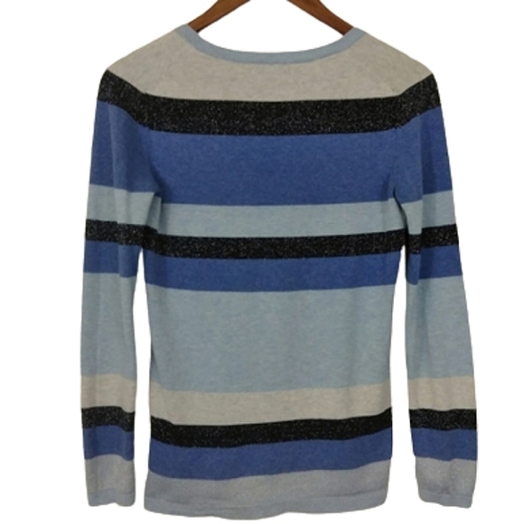 Tommy Hilfiger Fitted Cotton V-neck Blue Metallic Thread Striped Sweater Top - Picture 3 of 5